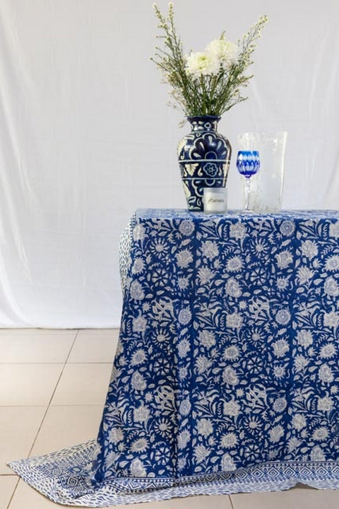 Blue Flower Tablecloth – 100% Cotton Indian Block Printed