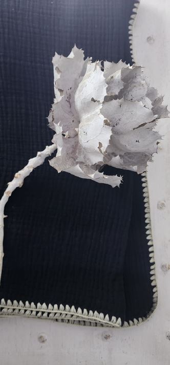 Muslin Throw with Shell Edge Stitching Black and Natural 150*220cm