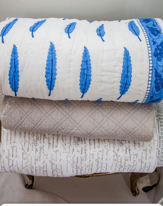 Blue Feather Quilt Large – 100% Indian Cotton Hand Block Printed